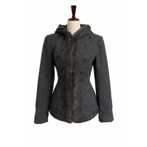 VTG Esprit Wool Coat Faux Fur Trim Hooded Jacket Embroidered Dark Cottage Small